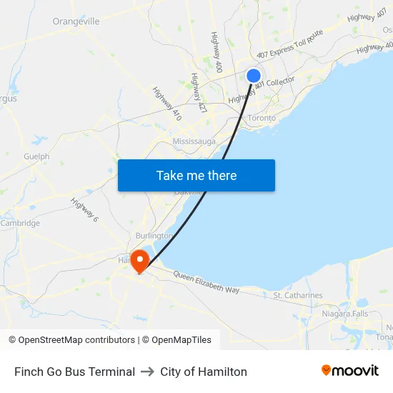Finch Go Bus Terminal to City of Hamilton map