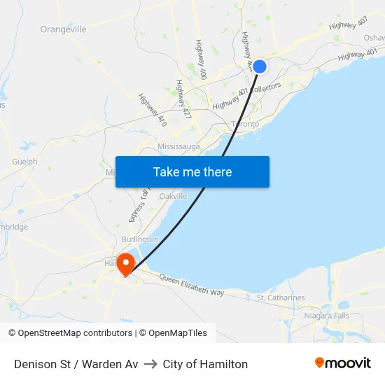 Denison St / Warden Av to City of Hamilton map