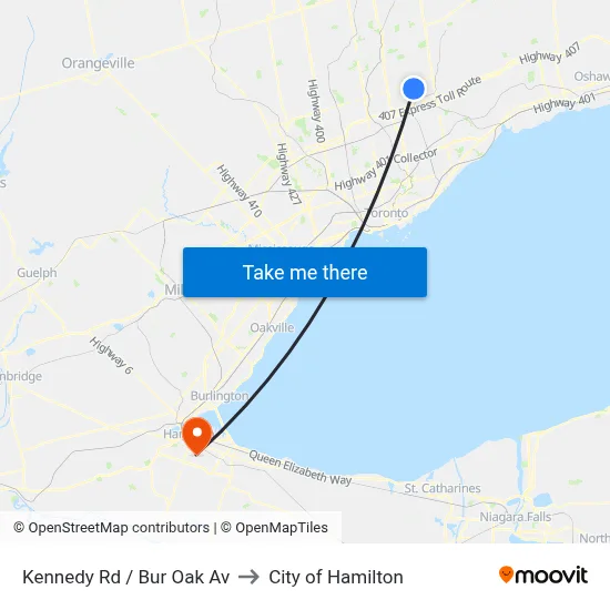 Kennedy Rd / Bur Oak Av to City of Hamilton map
