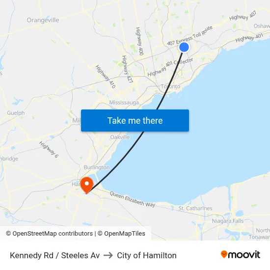 Kennedy Rd / Steeles Av to City of Hamilton map