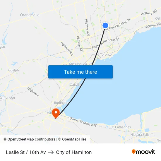 Leslie St / 16th Av to City of Hamilton map