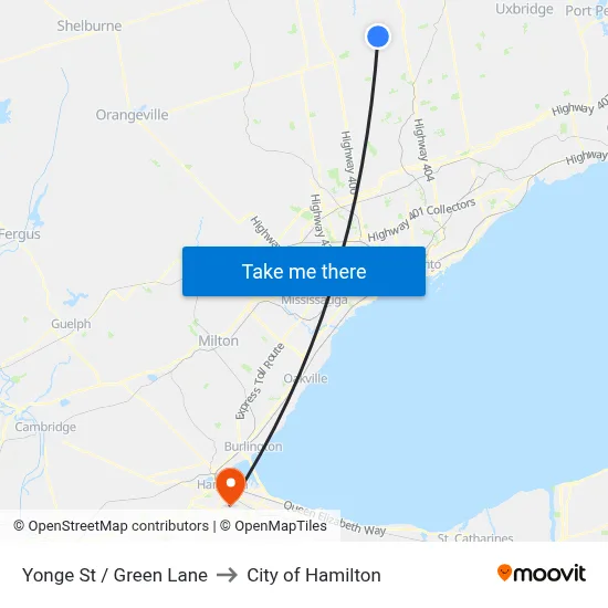 Yonge St / Green Lane to City of Hamilton map