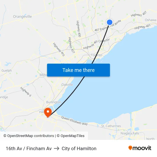 16th Av / Fincham Av to City of Hamilton map