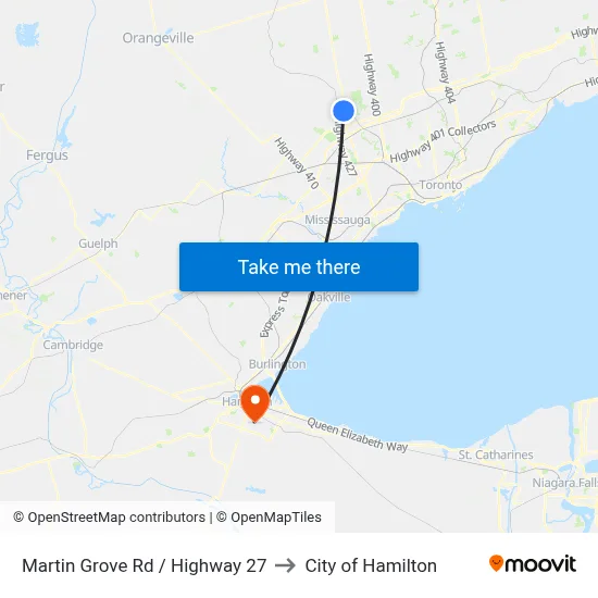 Martin Grove Rd / Highway 27 to City of Hamilton map