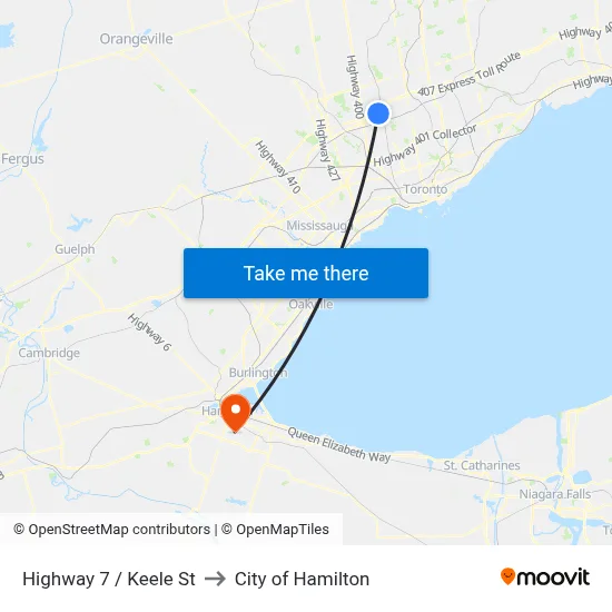 Highway 7 / Keele St to City of Hamilton map