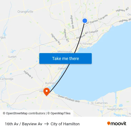 16th Av / Bayview Av to City of Hamilton map