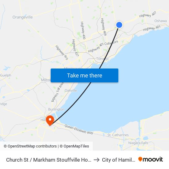 Church St / Markham Stouffville Hospital to City of Hamilton map