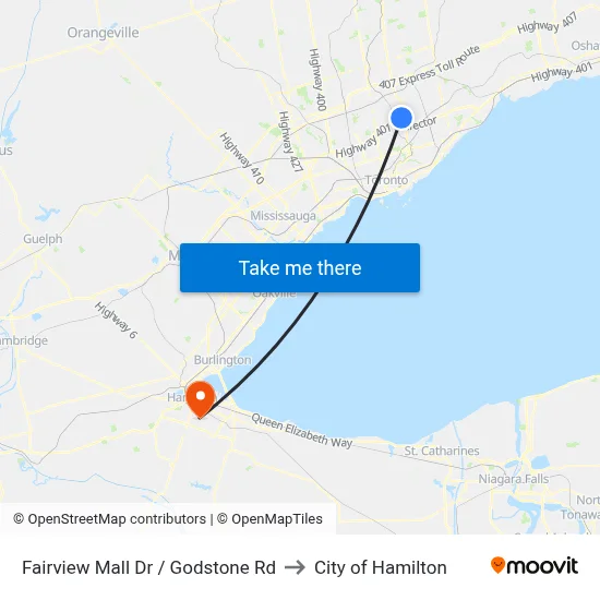 Fairview Mall Dr / Godstone Rd to City of Hamilton map