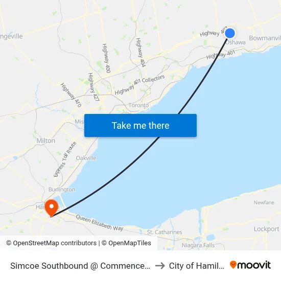 Simcoe Southbound @ Commencement to City of Hamilton map