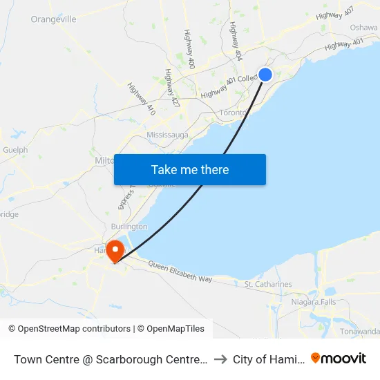 Town Centre @ Scarborough Centre Station to City of Hamilton map