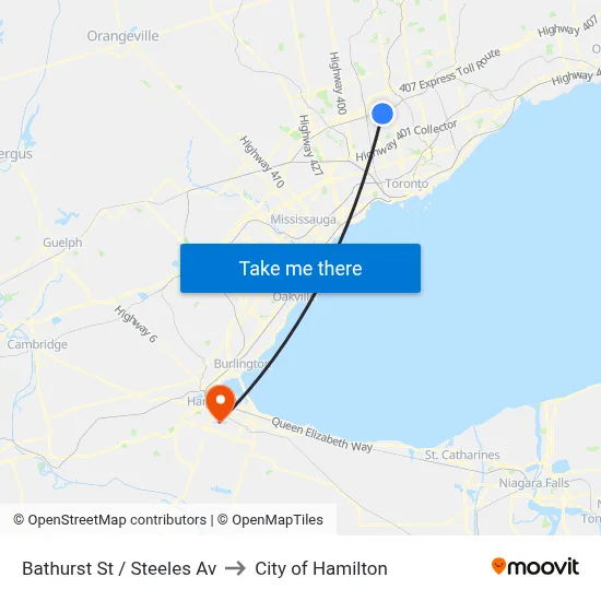 Bathurst St / Steeles Av to City of Hamilton map