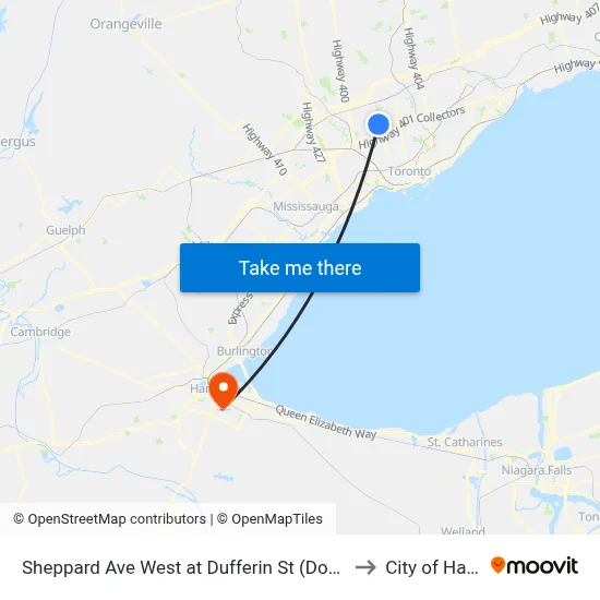 Sheppard Ave West at Dufferin St (Downsview Station) to City of Hamilton map
