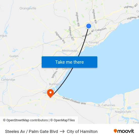 Steeles Av / Palm Gate Blvd to City of Hamilton map
