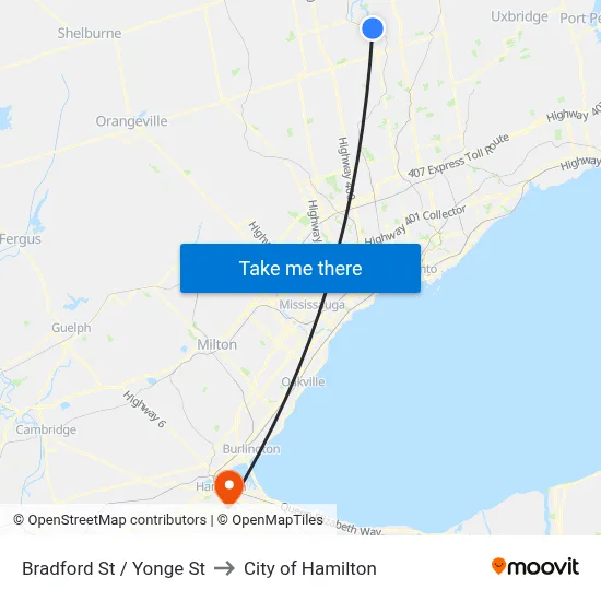 Bradford St / Yonge St to City of Hamilton map
