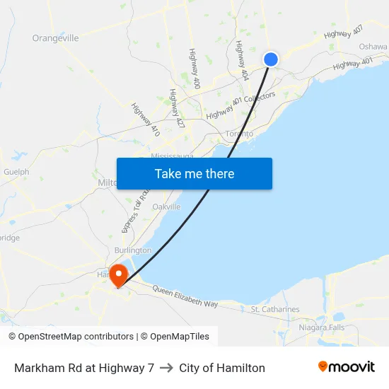 Markham Rd at Highway 7 to City of Hamilton map