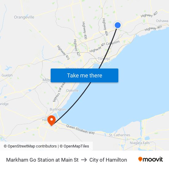 Markham Go Station at Main St to City of Hamilton map