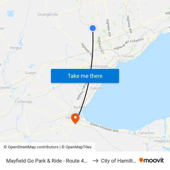 Mayfield Go Park & Ride - Route 41 Nb to City of Hamilton map