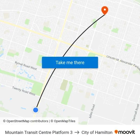 Mountain Transit Centre Platform 3 to City of Hamilton map