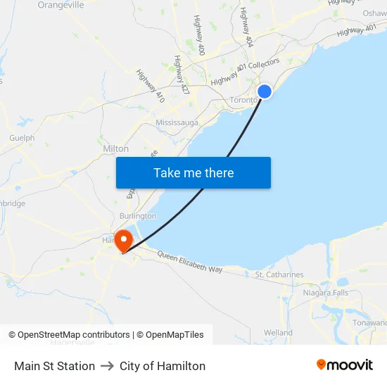 Main St Station to City of Hamilton map
