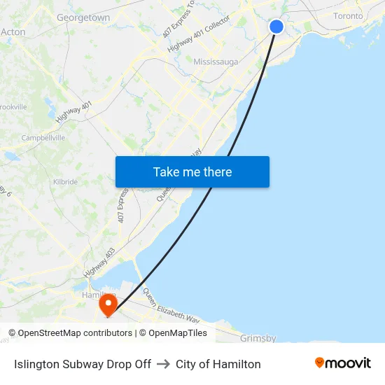 Islington Subway Drop Off to City of Hamilton map