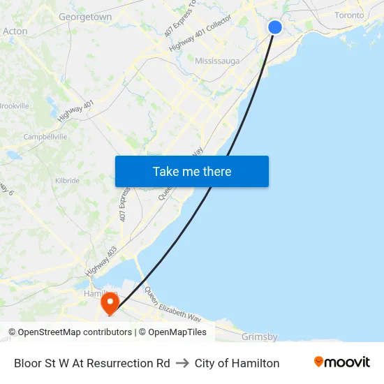 Bloor St W At Resurrection Rd to City of Hamilton map