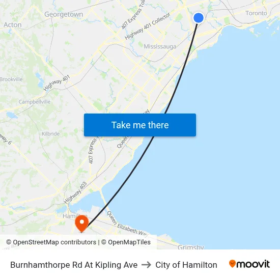 Burnhamthorpe Rd At Kipling Ave to City of Hamilton map