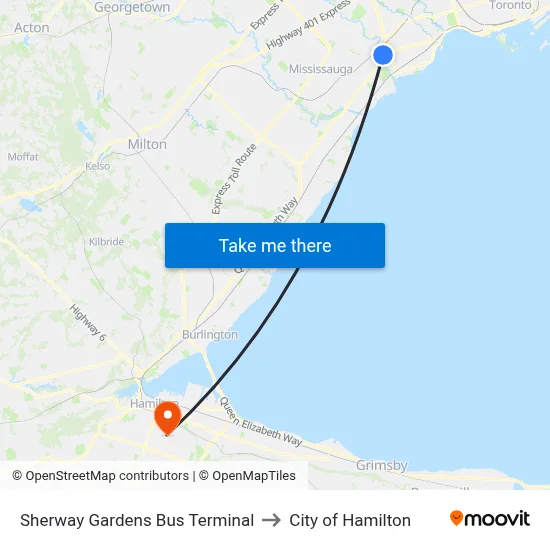 Sherway Gardens Bus Terminal to City of Hamilton map