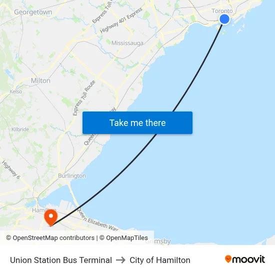 Union Station Bus Terminal to City of Hamilton map