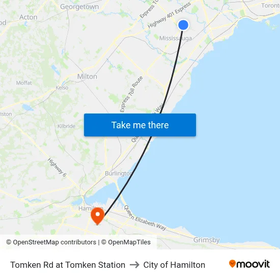 Tomken Rd at Tomken Station to City of Hamilton map