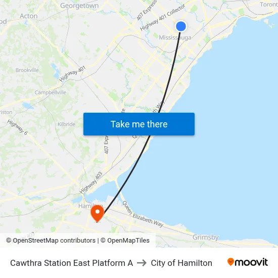 Cawthra Station East Platform A to City of Hamilton map