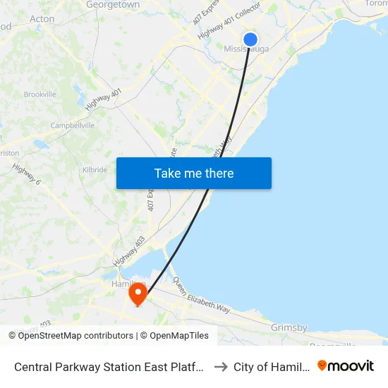 Central Parkway Station East Platform A to City of Hamilton map