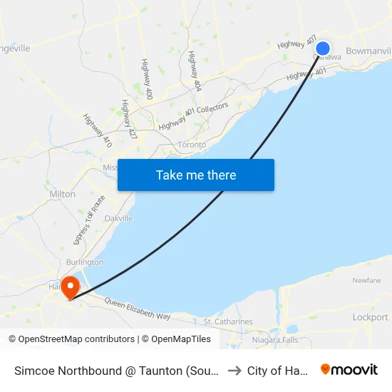 Simcoe Northbound @ Taunton (South Side Stop) to City of Hamilton map
