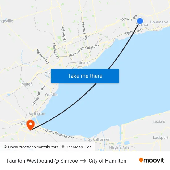 Taunton Westbound @ Simcoe to City of Hamilton map