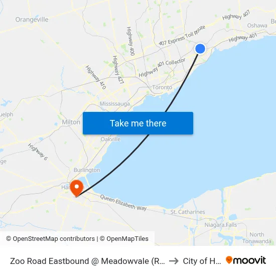Zoo Road Eastbound @ Meadowvale (Rouge Park Visitor Centre) to City of Hamilton map