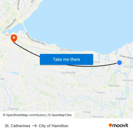 St. Catherines to City of Hamilton map