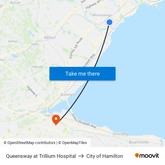 Queensway at Trillium Hospital to City of Hamilton map