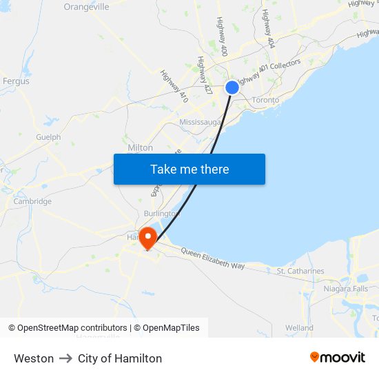 Weston to City of Hamilton map