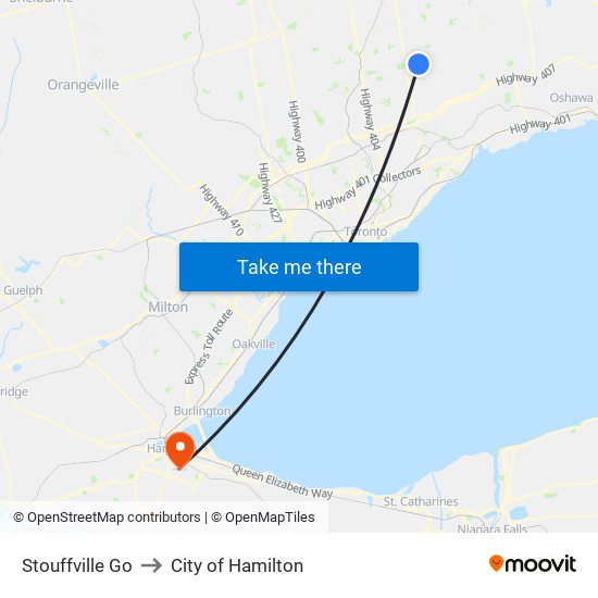 Stouffville Go to City of Hamilton map