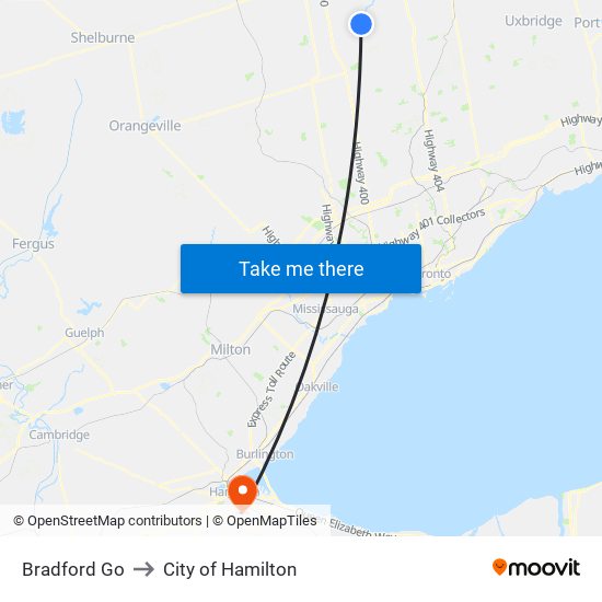 Bradford Go to City of Hamilton map