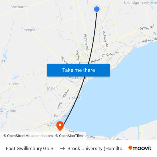 East Gwillimbury Go Station Rail to Brock University (Hamilton Campus) map