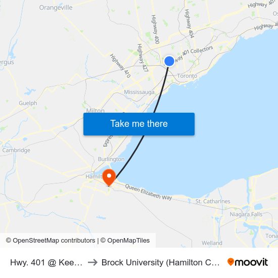 Hwy. 401 @ Keele St. to Brock University (Hamilton Campus) map