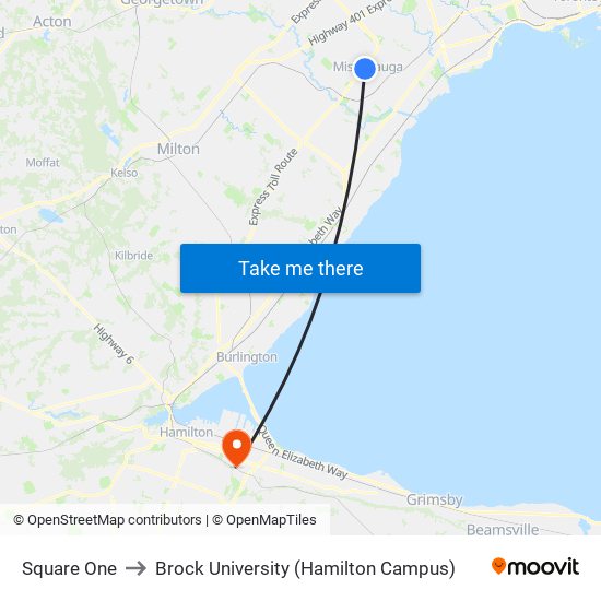 Square One to Brock University (Hamilton Campus) map