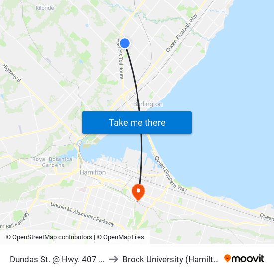 Dundas St. @ Hwy. 407 Park & Ride to Brock University (Hamilton Campus) map