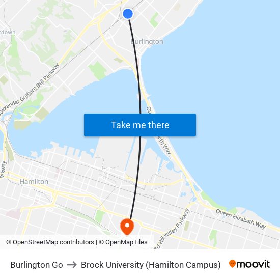 Burlington Go to Brock University (Hamilton Campus) map