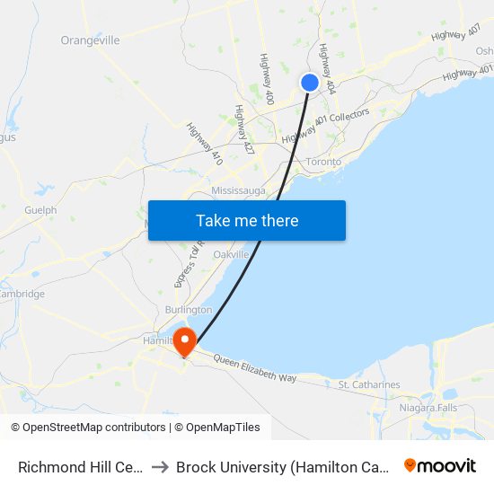 Richmond Hill Centre to Brock University (Hamilton Campus) map