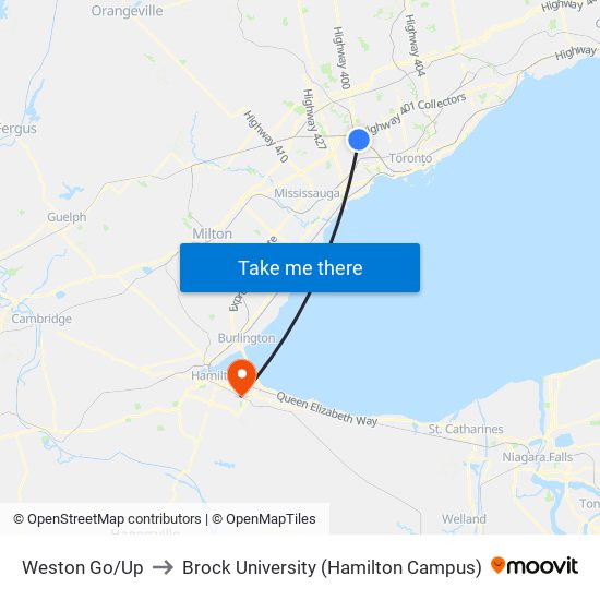 Weston Go/Up to Brock University (Hamilton Campus) map