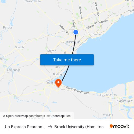 Up Express Pearson Airport to Brock University (Hamilton Campus) map