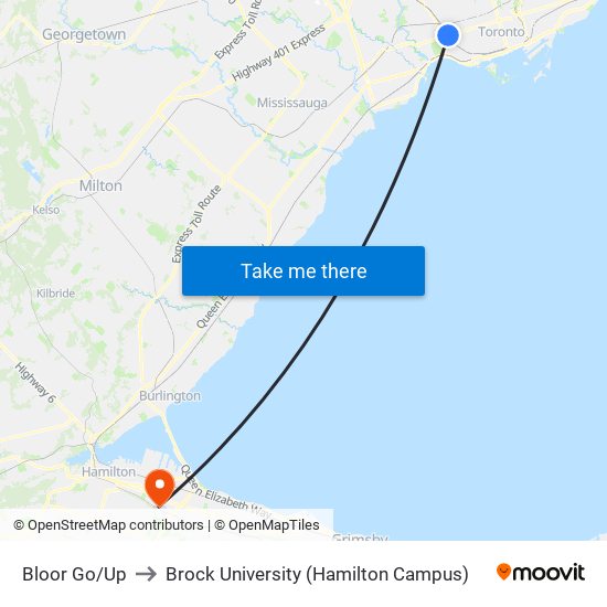 Bloor Go/Up to Brock University (Hamilton Campus) map