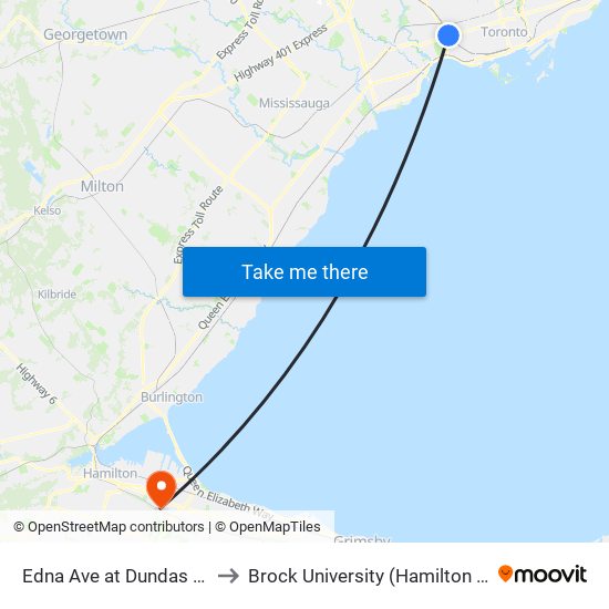 Edna Ave at Dundas St West to Brock University (Hamilton Campus) map