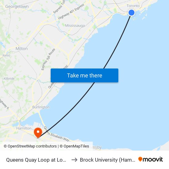 Queens Quay Loop at Lower Spadina Ave to Brock University (Hamilton Campus) map